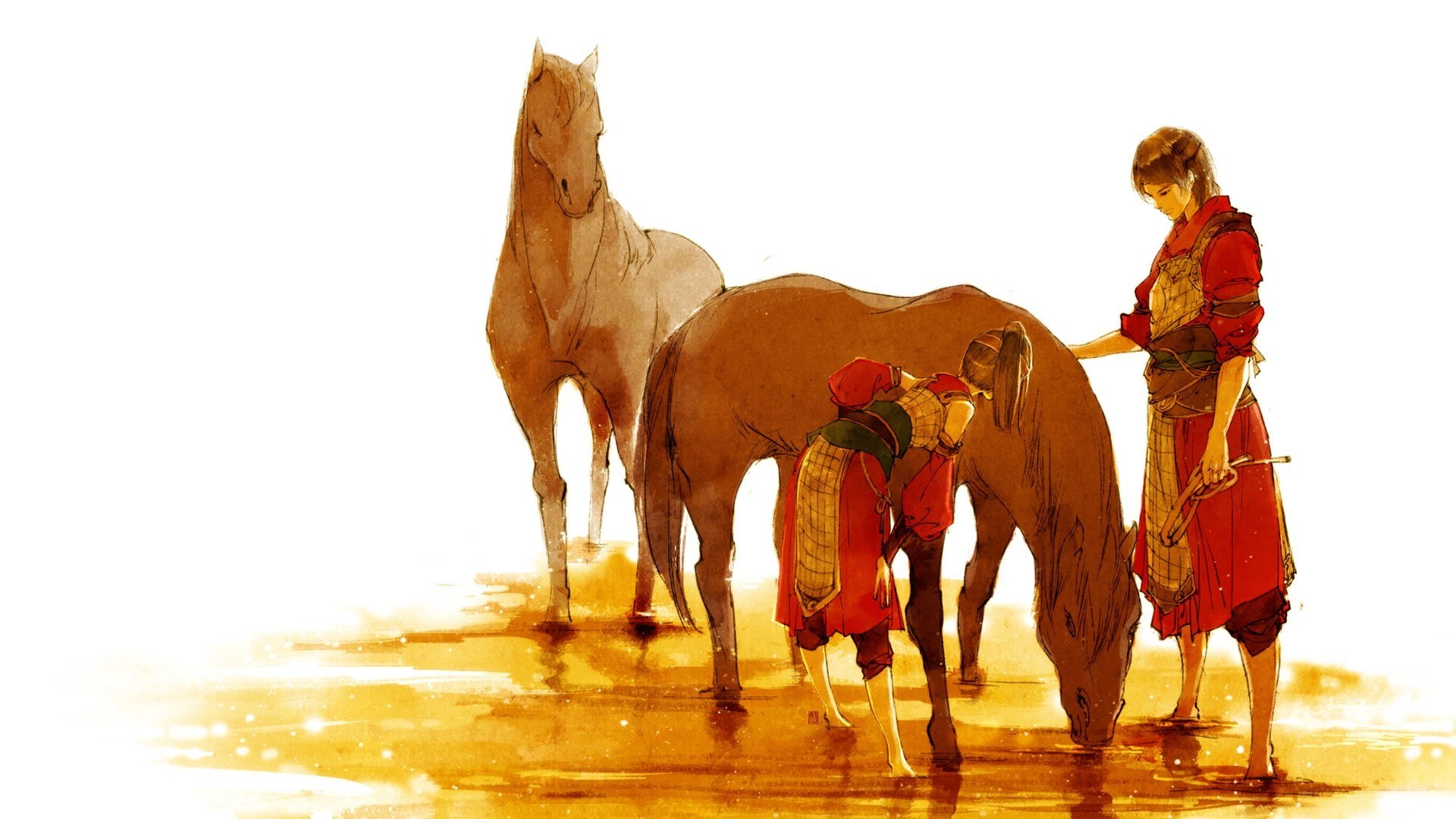 Two people with horses at sunset