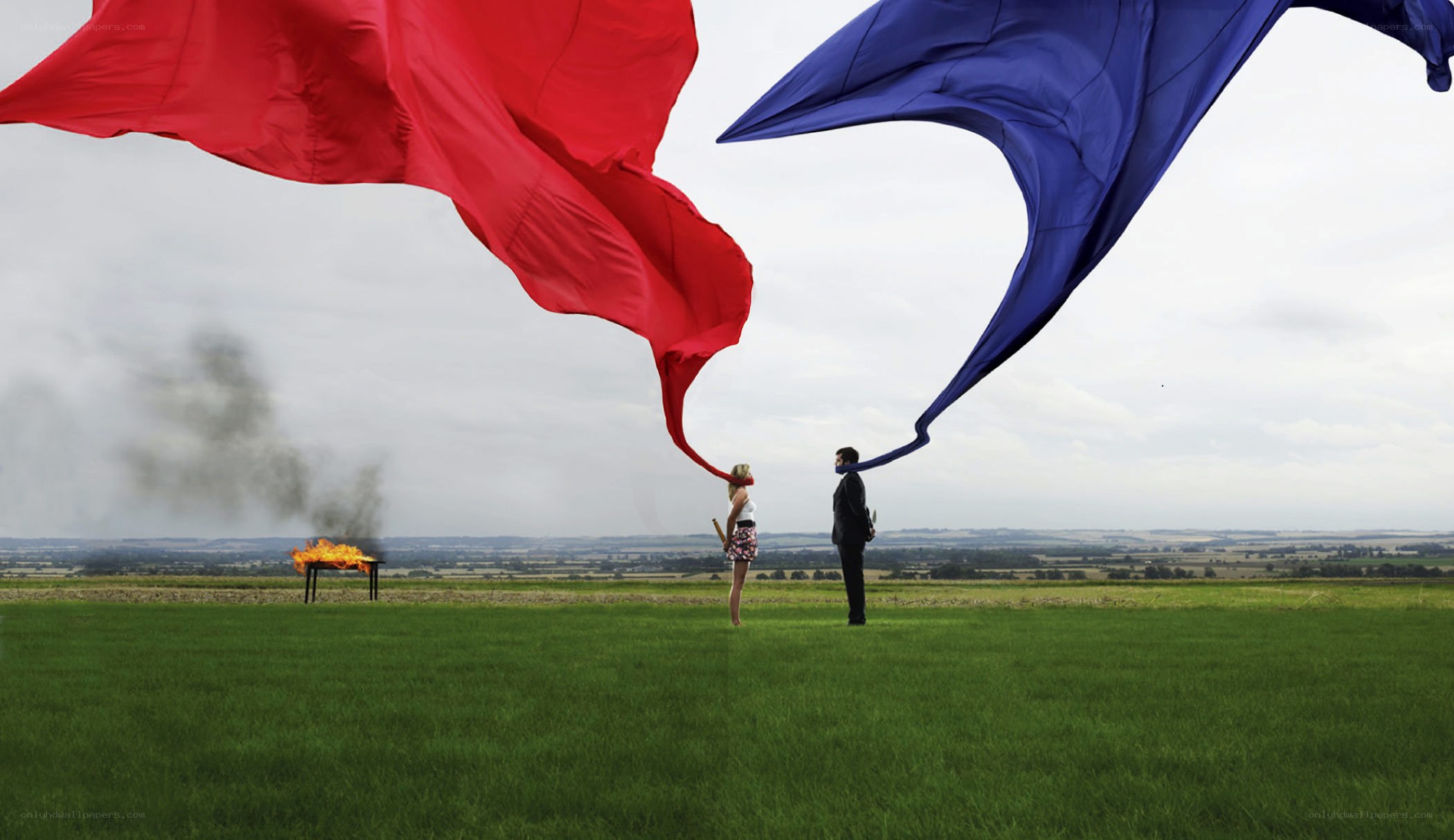 Two people with large flags in a field