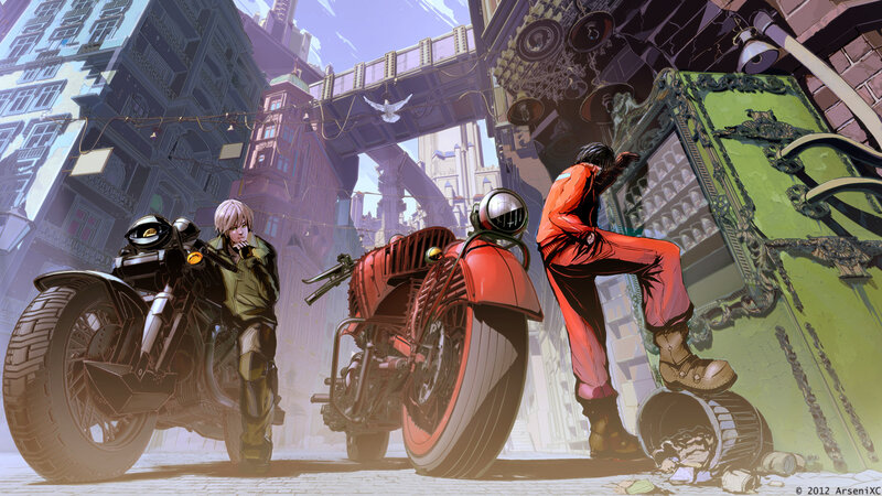 Two People with Motorcycles — Red