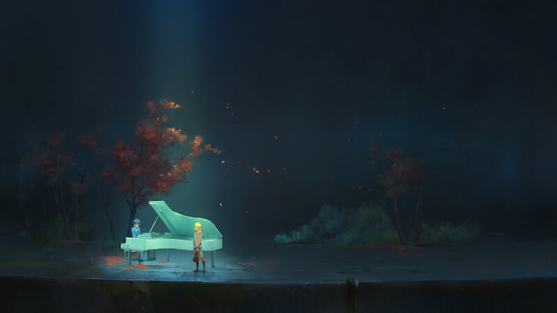 Two People with Piano — Blue