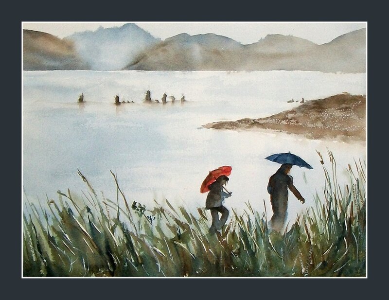 Two People with Umbrellas — Blue