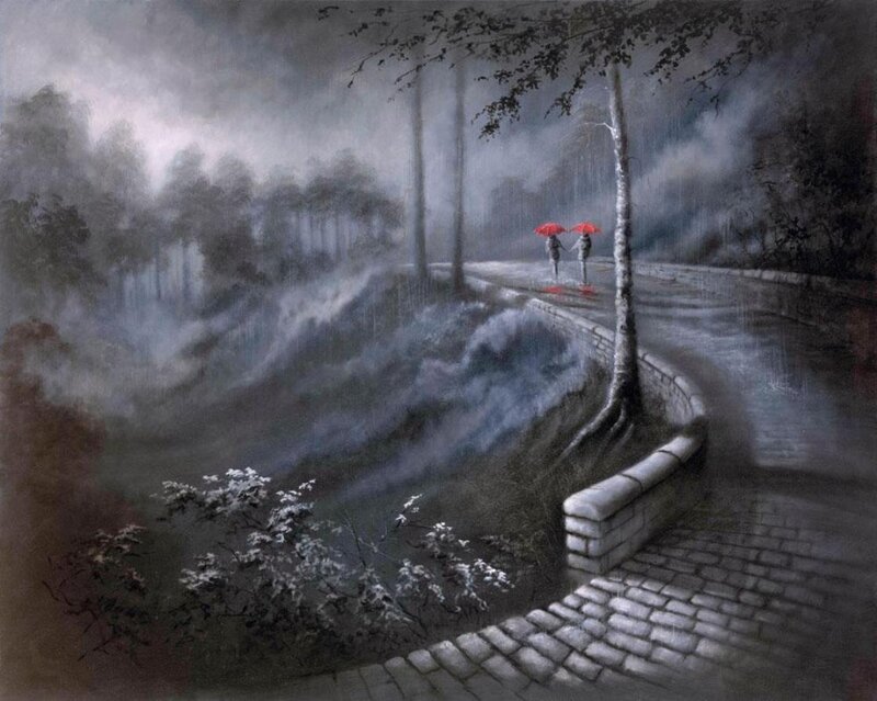 Two People with Umbrellas — Gray