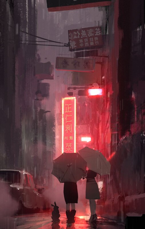 Two People with Umbrellas — Red, Dramatic