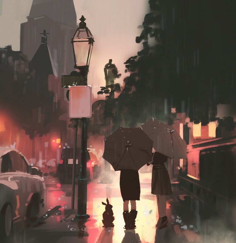 Two People with Umbrellas — Red, Rainy