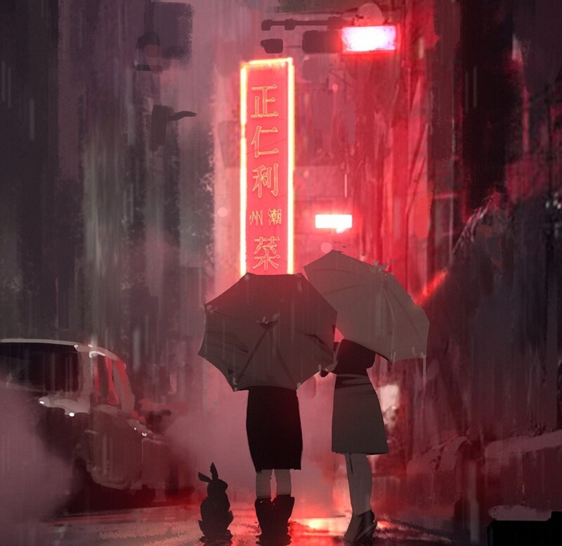 Two People with Umbrellas — Red