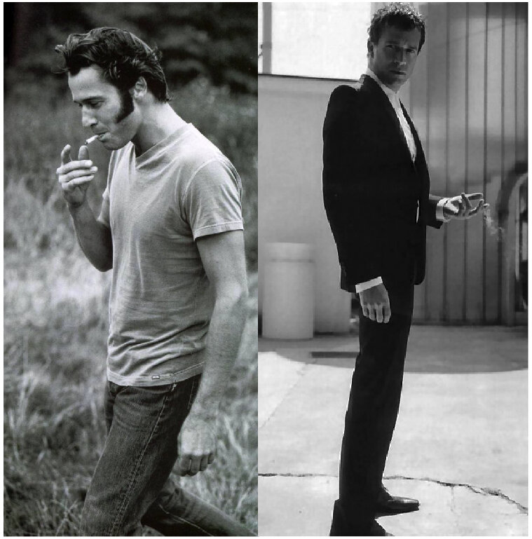 Two photos of a man smoking