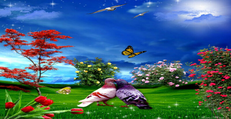 Two Pigeons Kissing — Green