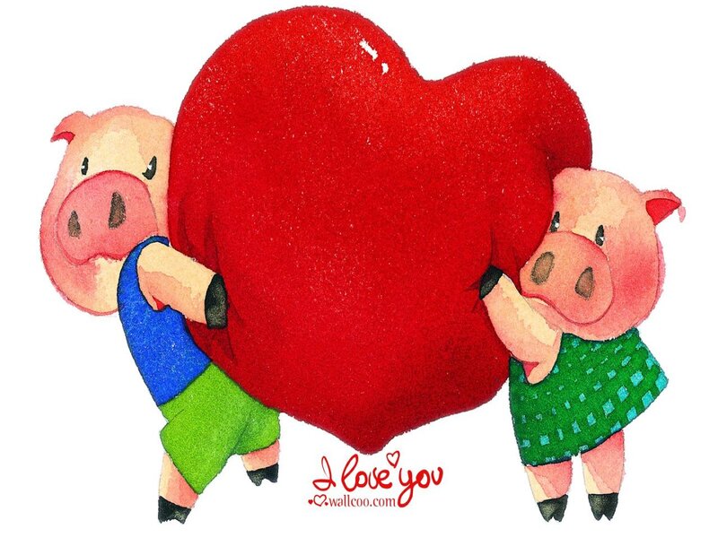 Two Pigs Holding Heart
