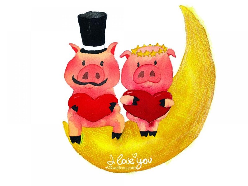 Two Pigs on a Crescent Moon