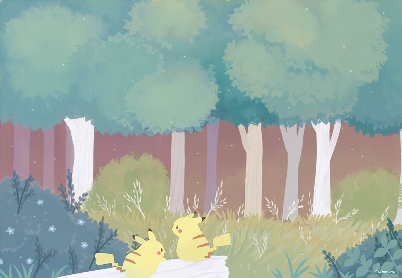 Two Pikachu in Forest — Green