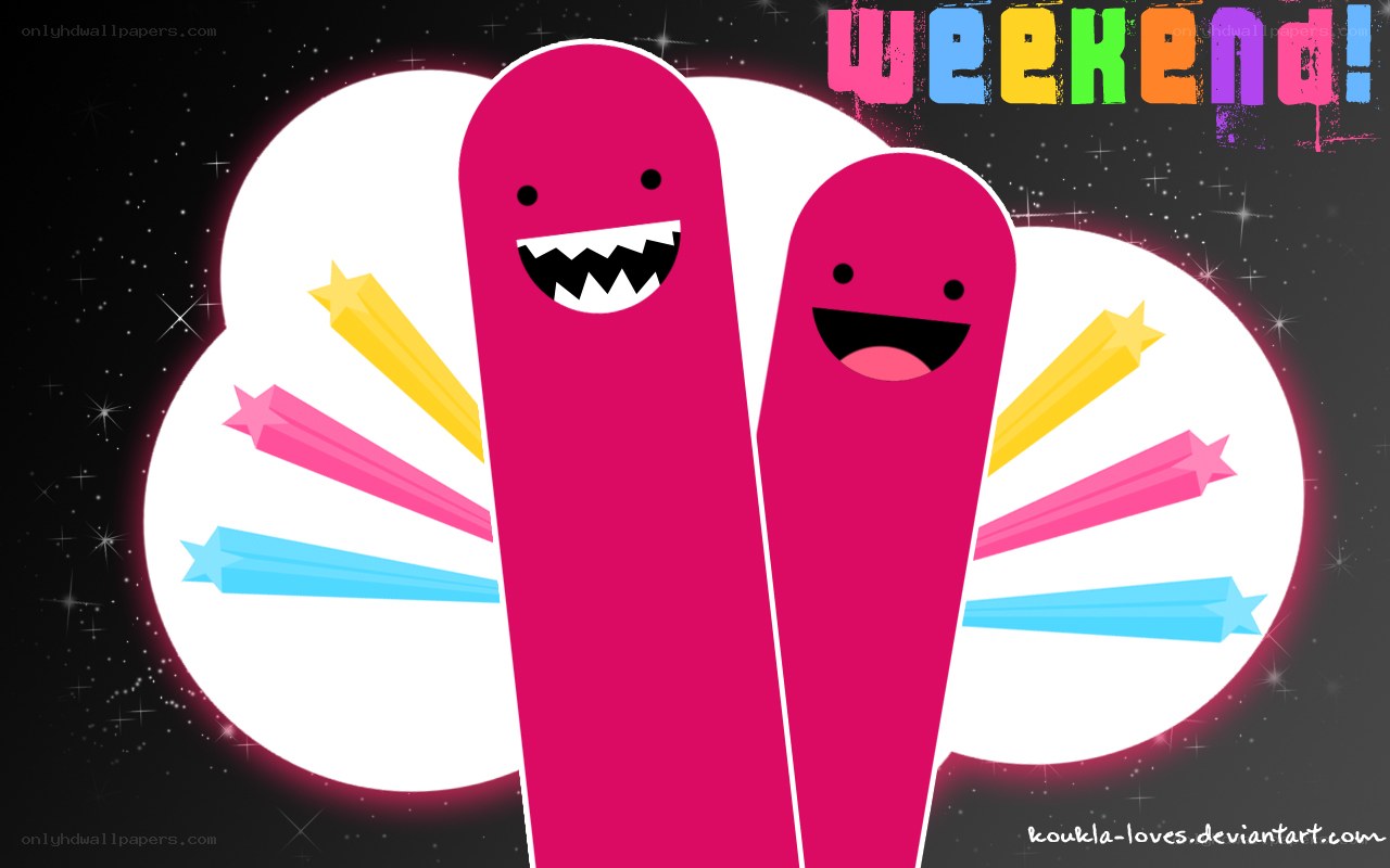 two pink characters celebrate weekend
