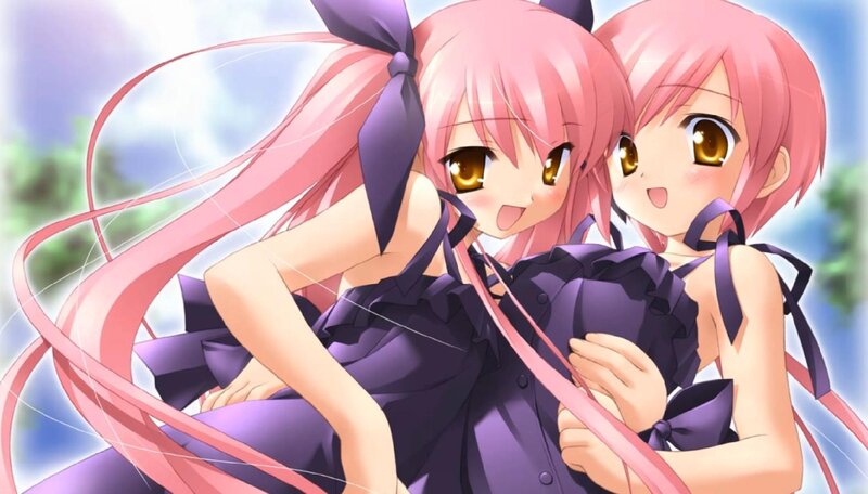 two pink-haired anime girls hugging