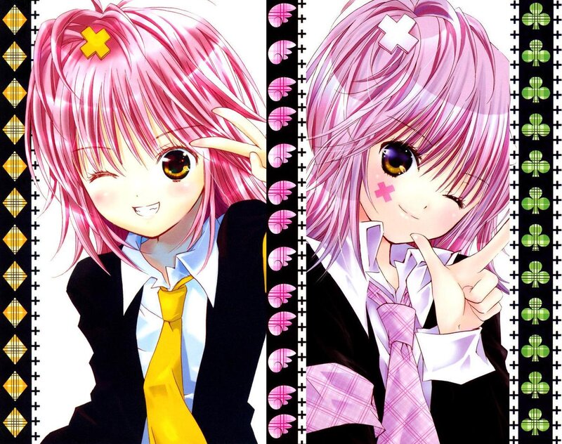 Two pink-haired anime girls in school uniforms