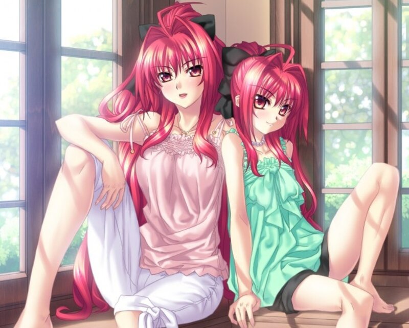 Two pink-haired girls by the window
