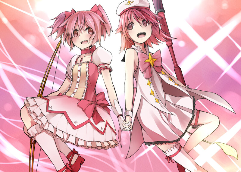 Two pink-haired girls holding hands