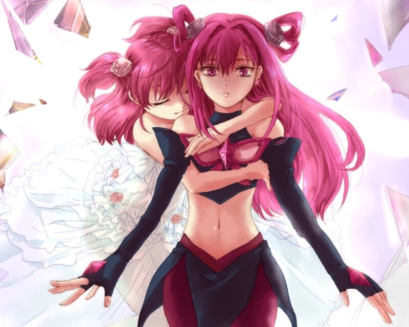 Two Pink-haired Girls Hugging — Pink, Dramatic