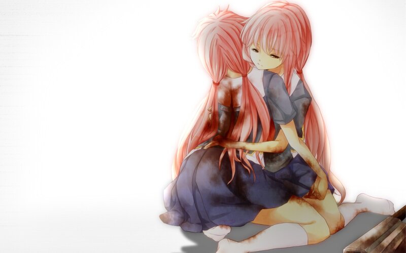 Two Pink-haired Girls Hugging — Pink, Melancholic