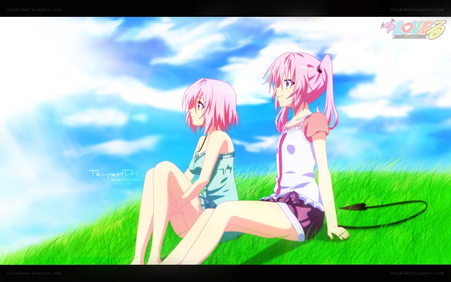 Two pink-haired girls in a field