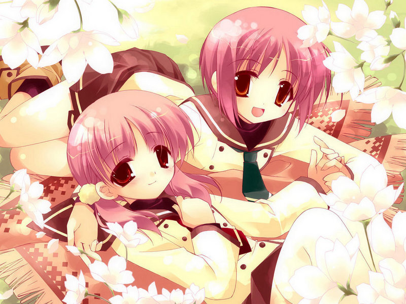 Two pink-haired girls in a flower field
