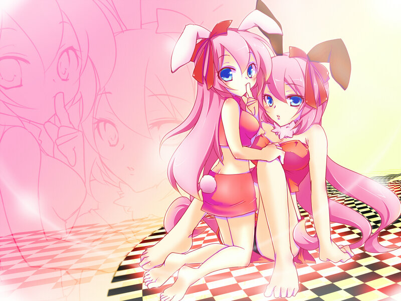 two pink-haired girls in bunny outfits