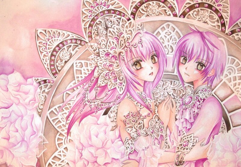 Two pink-haired girls in ornate dresses