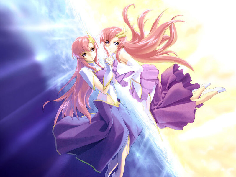 Two Pink-haired Girls in Purple Dresses