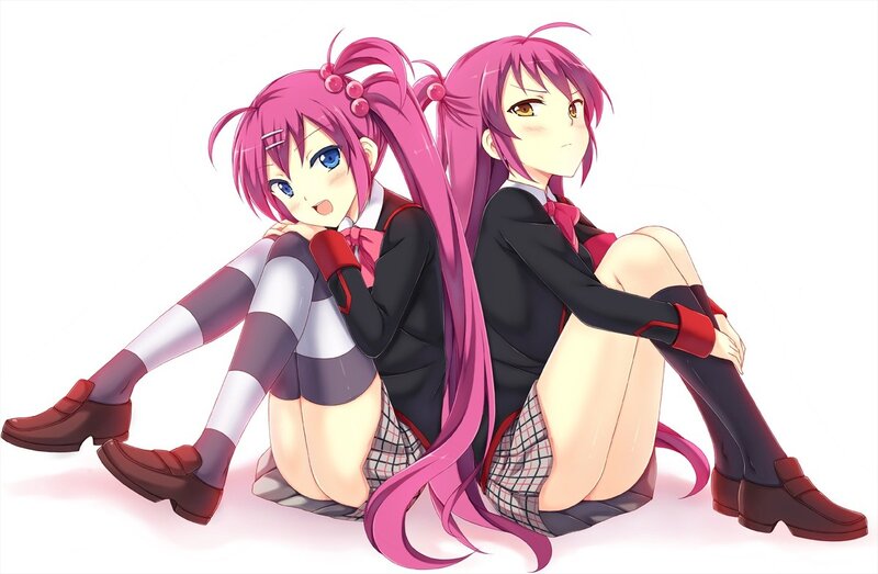 Two pink-haired girls in school uniforms