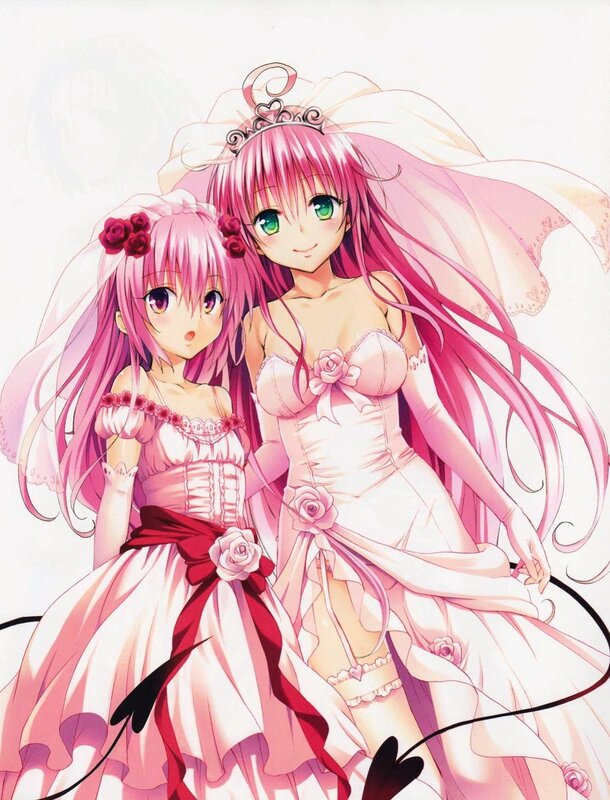 Two pink-haired girls in wedding dresses