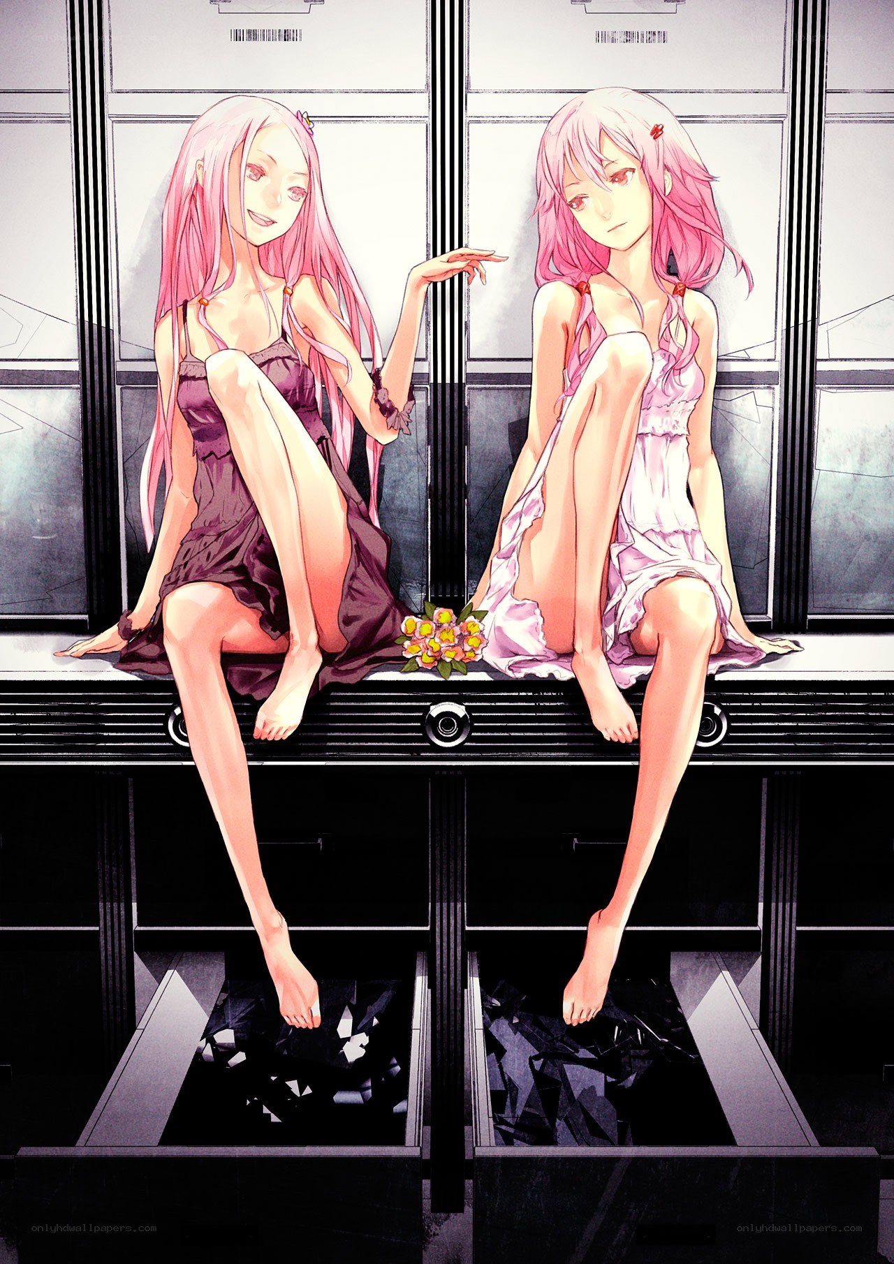 Two pink-haired girls on a bench