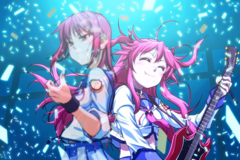 Two pink-haired girls with guitar