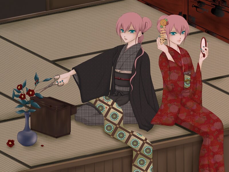 Two Pink-haired Women in Kimonos