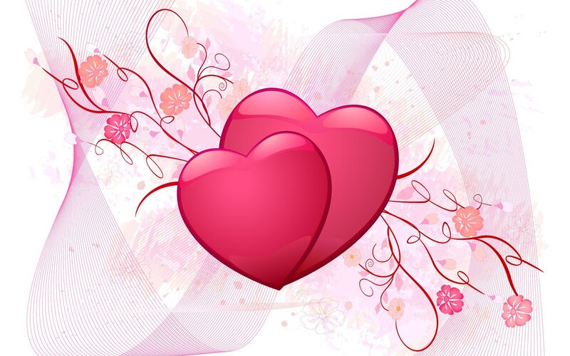 Two Pink Hearts — Romantic, Vector Art, Flowers, Vines, Ribbons, Red