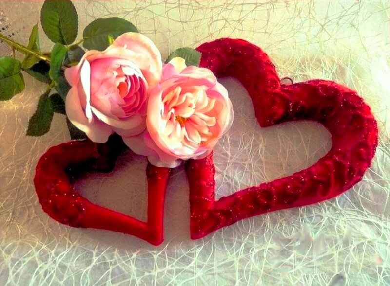 Two Pink Roses and Hearts