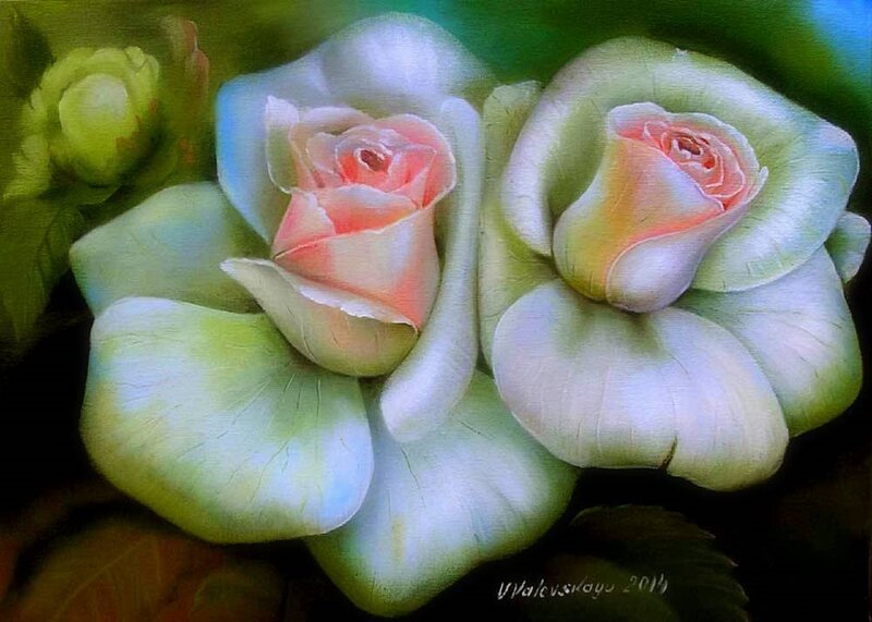 Two Pink Roses — Green, Serene