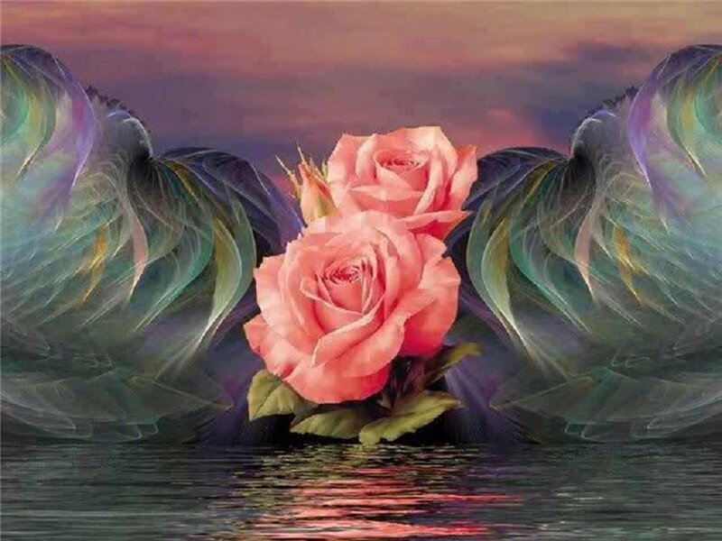 Two Pink Roses — Serene, Sunset, Digital Art