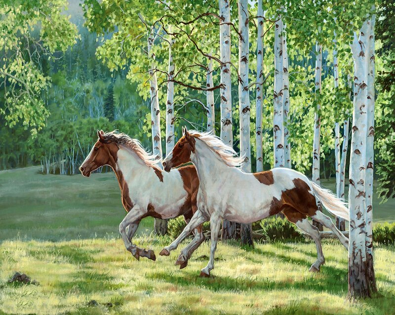 Two Pinto Horses — Green