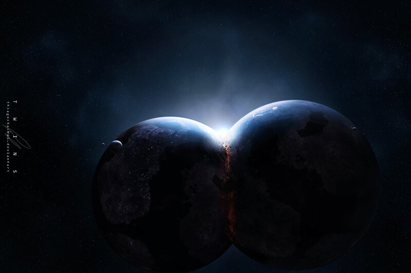 Two Planets Colliding — Black, Dramatic, Night, Digital Art, Stars