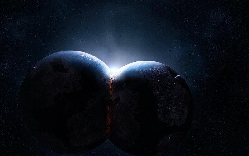Two Planets Colliding — Black, Dramatic, Night, Digital Art