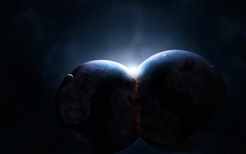 Two Planets Colliding — Black, Dramatic, Night