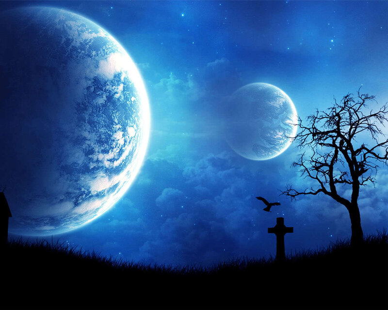 Two planets in a blue sky
