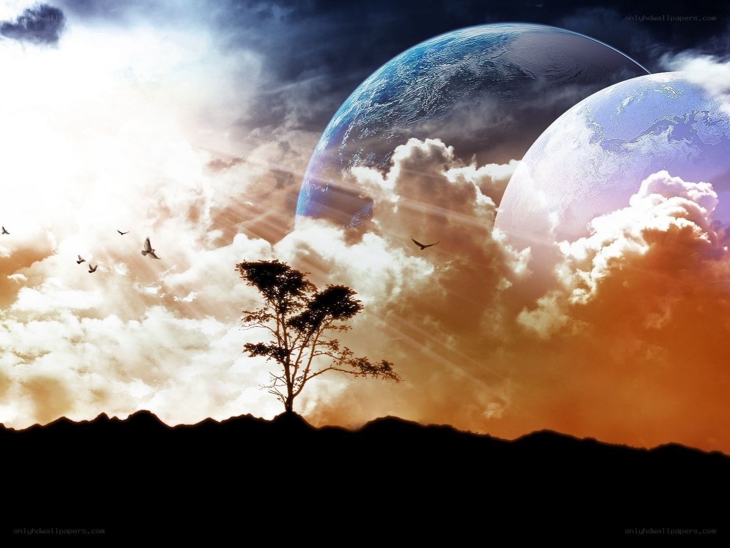 Two planets in a surreal sky
