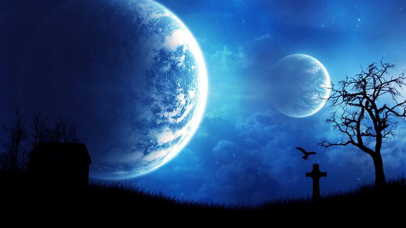 Two Planets in Night Sky — Blue, Dramatic, Digital Art, Grave Marker