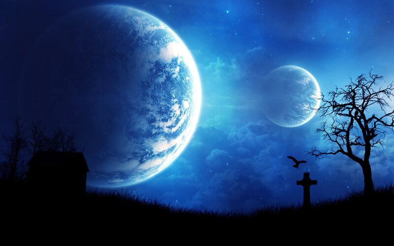 Two Planets in Night Sky — Blue, Dramatic