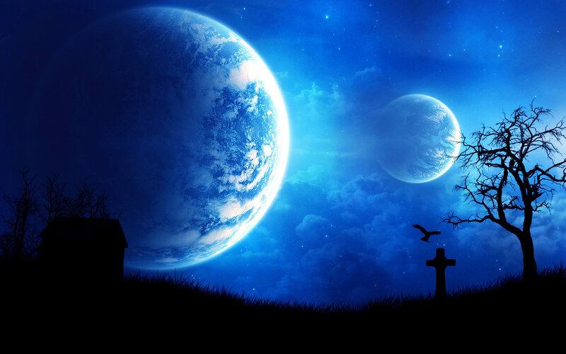 Two Planets in Sky — Blue, Dramatic, Night, Digital Art, Silhouette