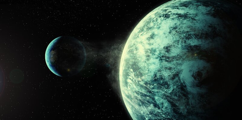 Two Planets in Space — Black, Dramatic, Digital Art, Stars, Green, Blue