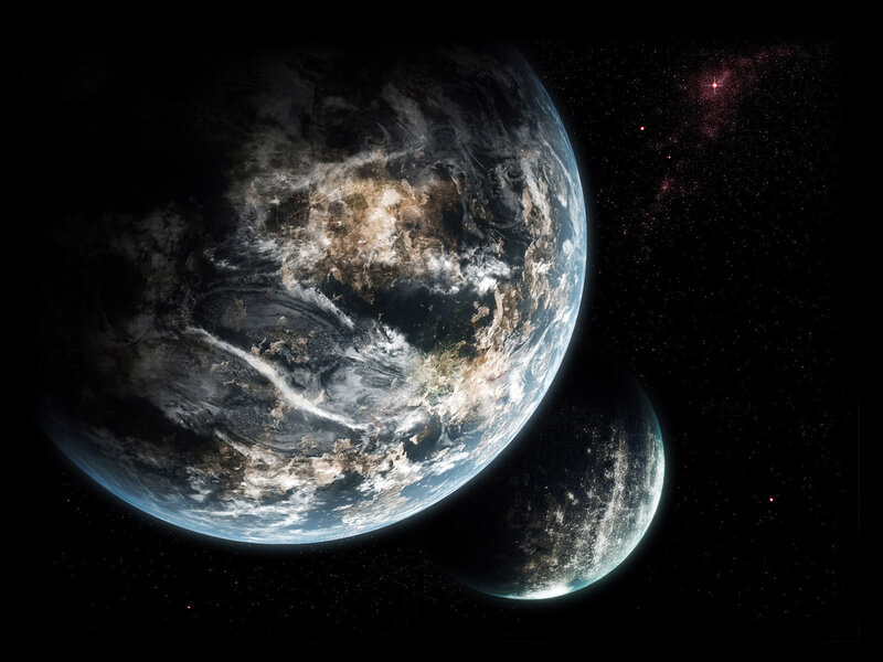 Two Planets in Space — Black, Dramatic, Digital Art, Stars, Nebula
