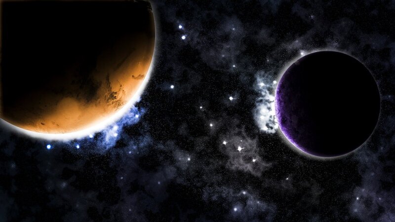 Two Planets in Space — Black, Dramatic, Night, Digital Art, Stars, Nebula
