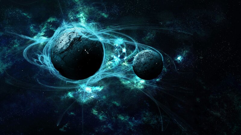 Two Planets in Space — Blue, Cosmic, Night, Digital Art, Nebula