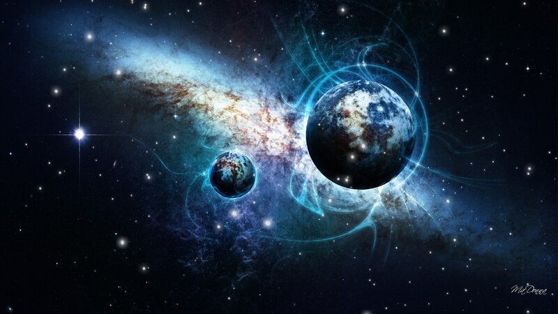 Two Planets in Space — Blue, Cosmic, Night