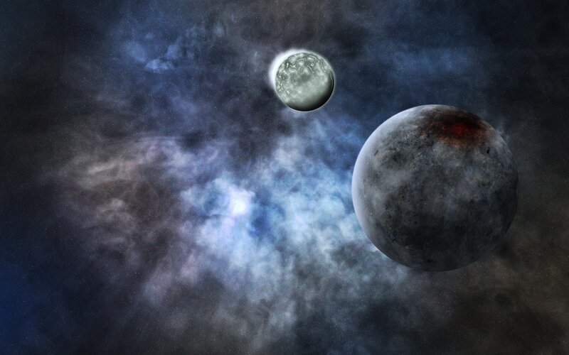 Two Planets in Space — Blue, Dramatic, Digital Art, Nebula